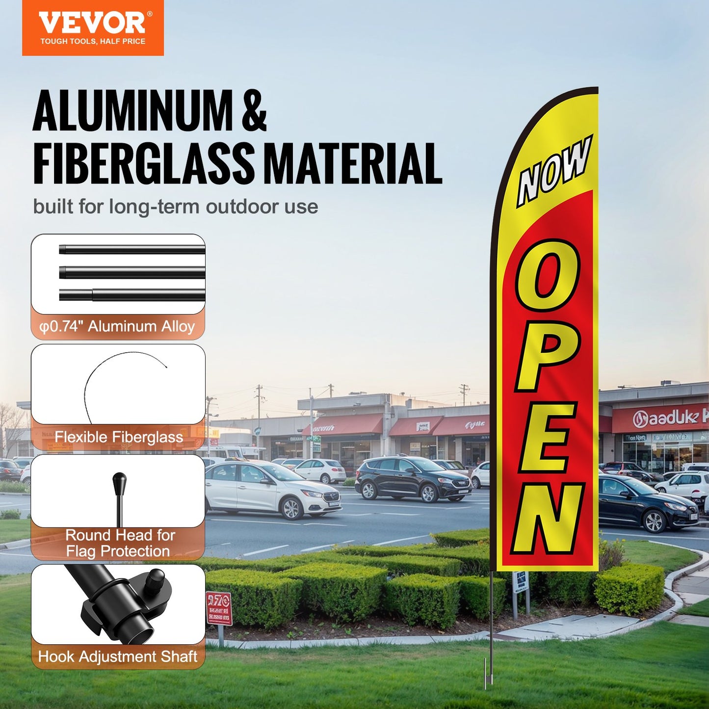 Open Flag with Pole Kit, Advertising Flag for Business Outside, Advertising Feather Flag Kit, Includes 1 Banner Flag, 1 Pole, 1 Ground Stake, Open Signs Swooper Flag for Businesses 16.3 FT