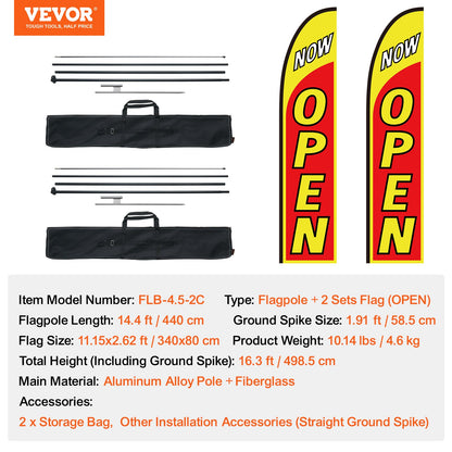 Open Flags with Pole Kit, Advertising Flags for Business Outside, Advertising Feather Flag Kit, Includes 2 Banner Flags, 2 Poles, 2 Ground Stakes, Open Sign Swooper Flags for Businesses 16.3 FT