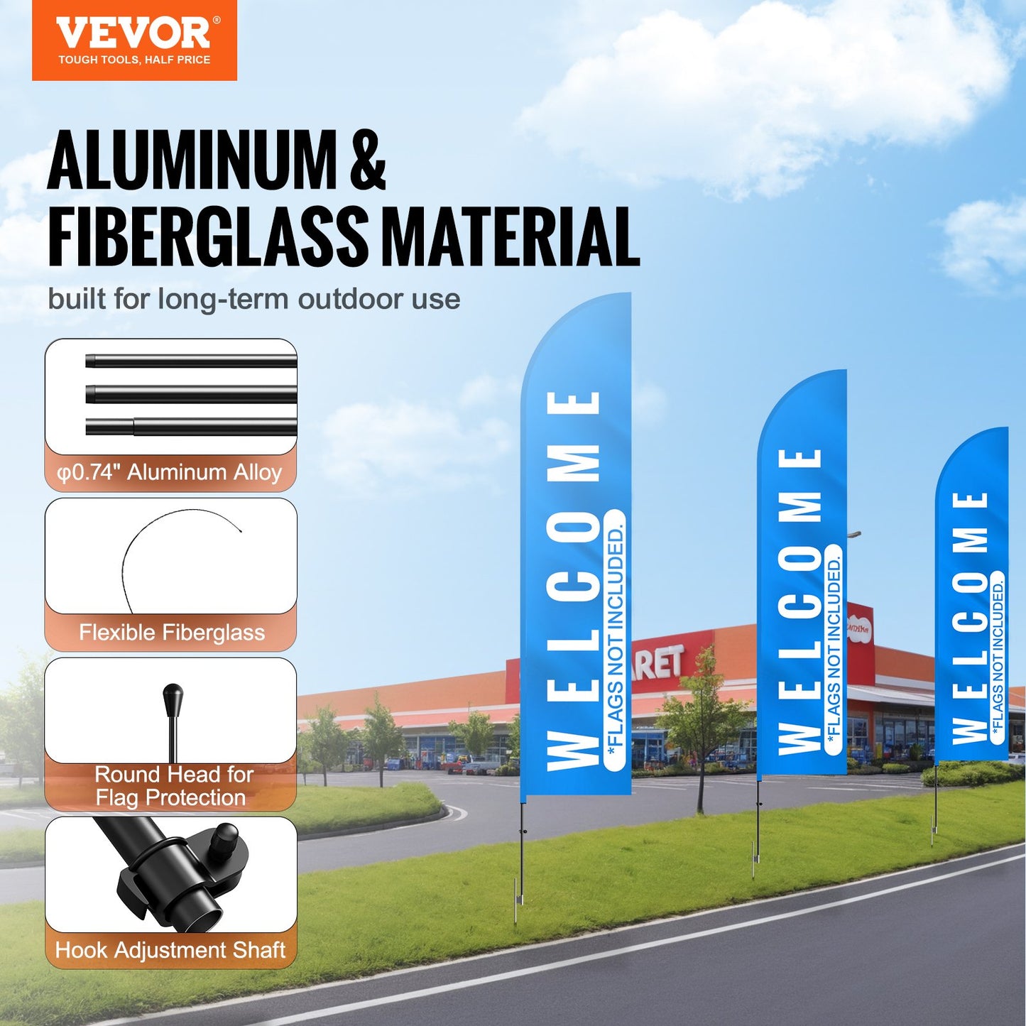 Feather Flag Pole Kit, 2 Packs Swooper Flag Pole 16.3 ft, Sign Flag Poles for Business Advertising Flags Outdoor, with Ground Stakes and A Carrying Bag (Flag Not Included)