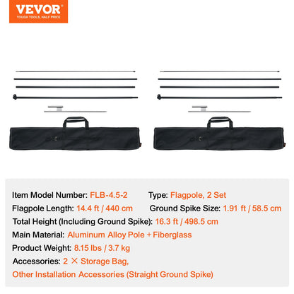 Feather Flag Pole Kit, 2 Packs Swooper Flag Pole 16.3 ft, Sign Flag Poles for Business Advertising Flags Outdoor, with Ground Stakes and A Carrying Bag (Flag Not Included)