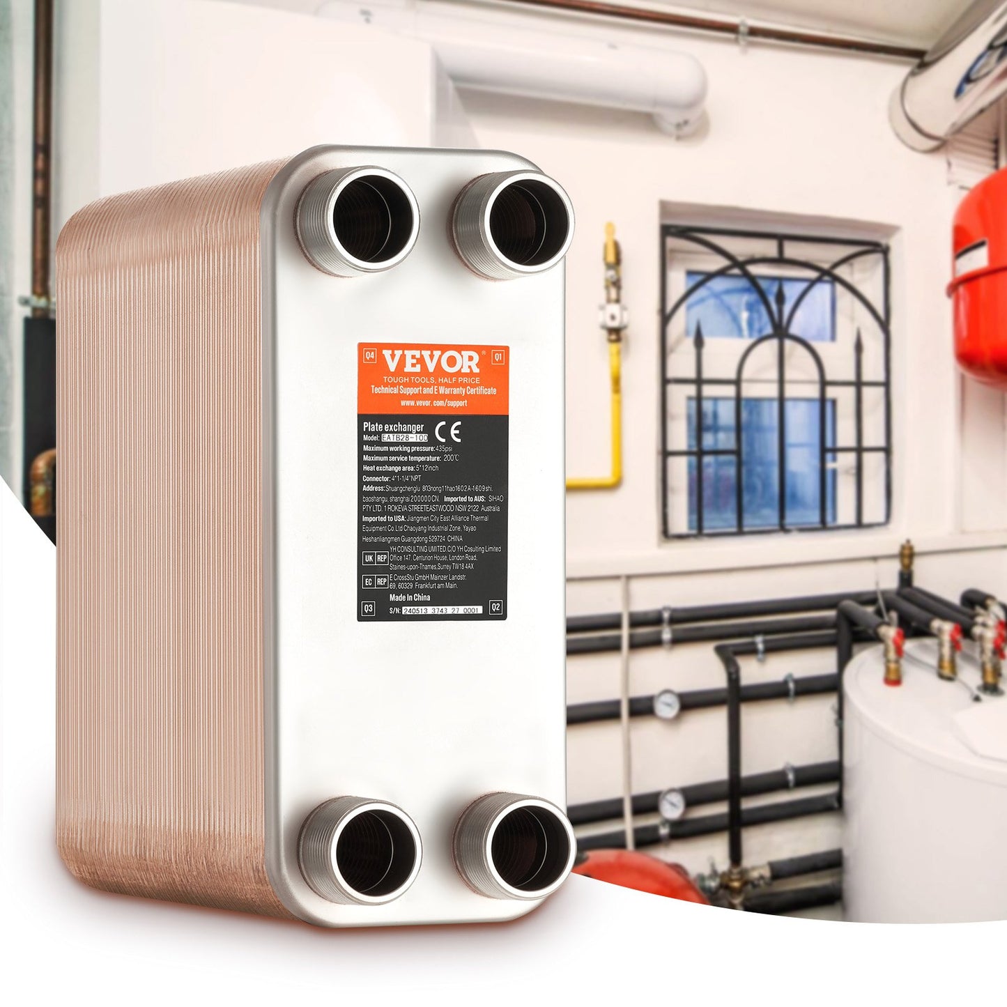 Wärmetauscher, 5" x 12", 100 Platten, gelöteter Plattenwärmetauscher, Kupfer/316L Edelstahl, Wasser-Wasser-Wärmetauscher für Fußbodenheizung, Warmwasserbereitung, Schneeschmelze, Bierkühlung
