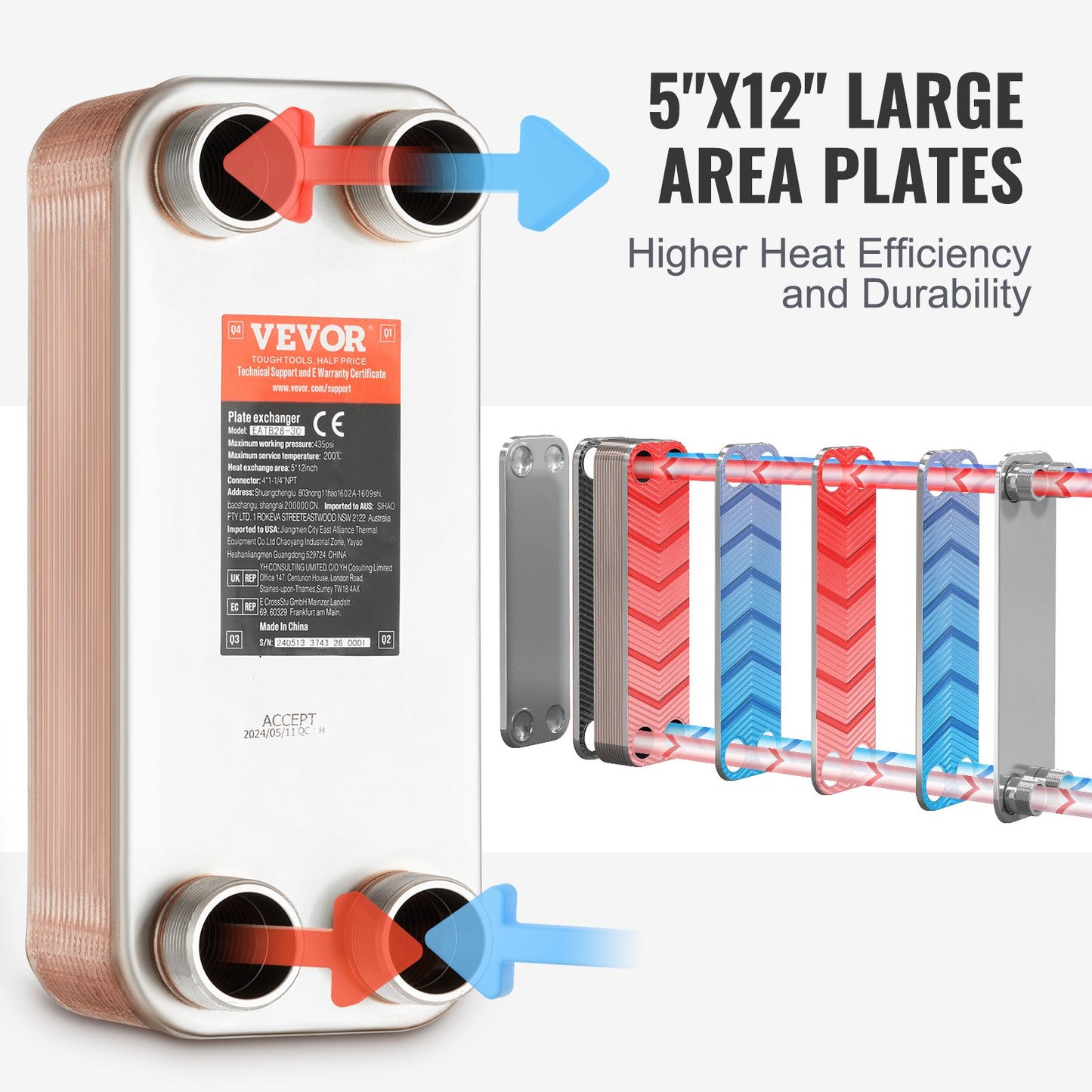 Heat Exchanger, 5"x 12" 30 Plates Brazed Plate Heat Exchanger, Copper/316L Stainless Steel Water To Water Heat Exchanger For Floor Heating, Water Heating, Snow Melting, Beer Cooling