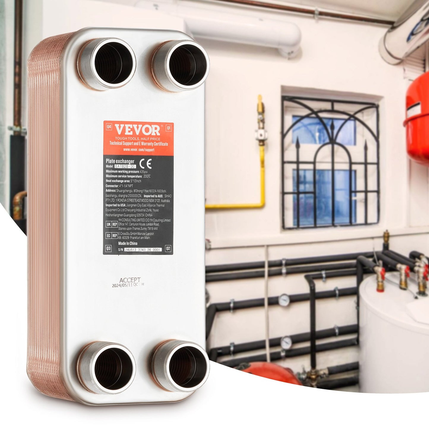 Heat Exchanger, 5"x 12" 30 Plates Brazed Plate Heat Exchanger, Copper/316L Stainless Steel Water To Water Heat Exchanger For Floor Heating, Water Heating, Snow Melting, Beer Cooling