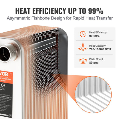 Heat Exchanger, 5"x 12" 80 Plates Brazed Plate Heat Exchanger, Copper/316L Stainless Steel Water To Water Heat Exchanger For Floor Heating, Water Heating, Snow Melting, Beer Cooling