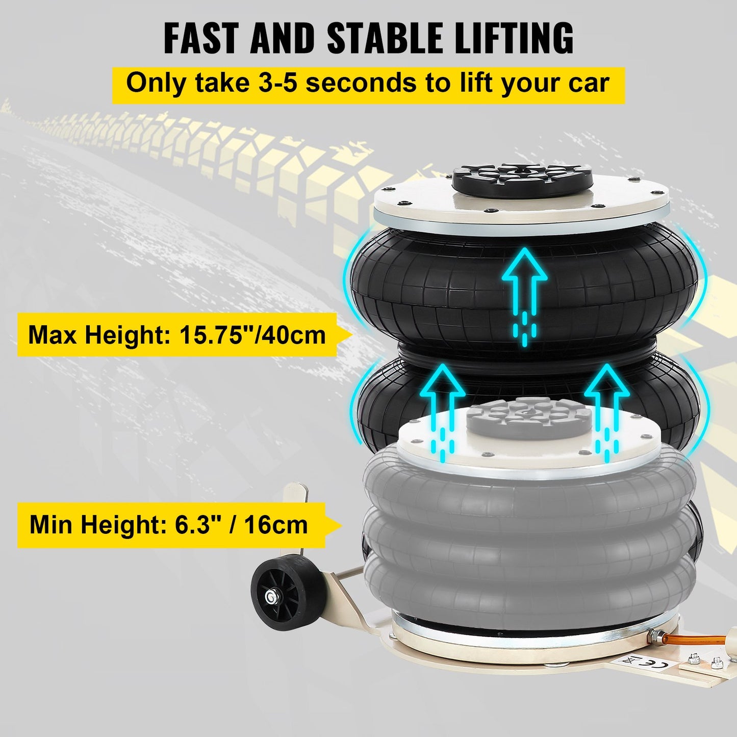 5 Ton/4999.9 kg Pneumatic Jack Triple Bag Air Jack Lifting Height 16.5-40.6 cm Inflatable Car Jack Lifter Pneumatic Air Jack 4999.9 kg Capacity Extremely Fast Lifting