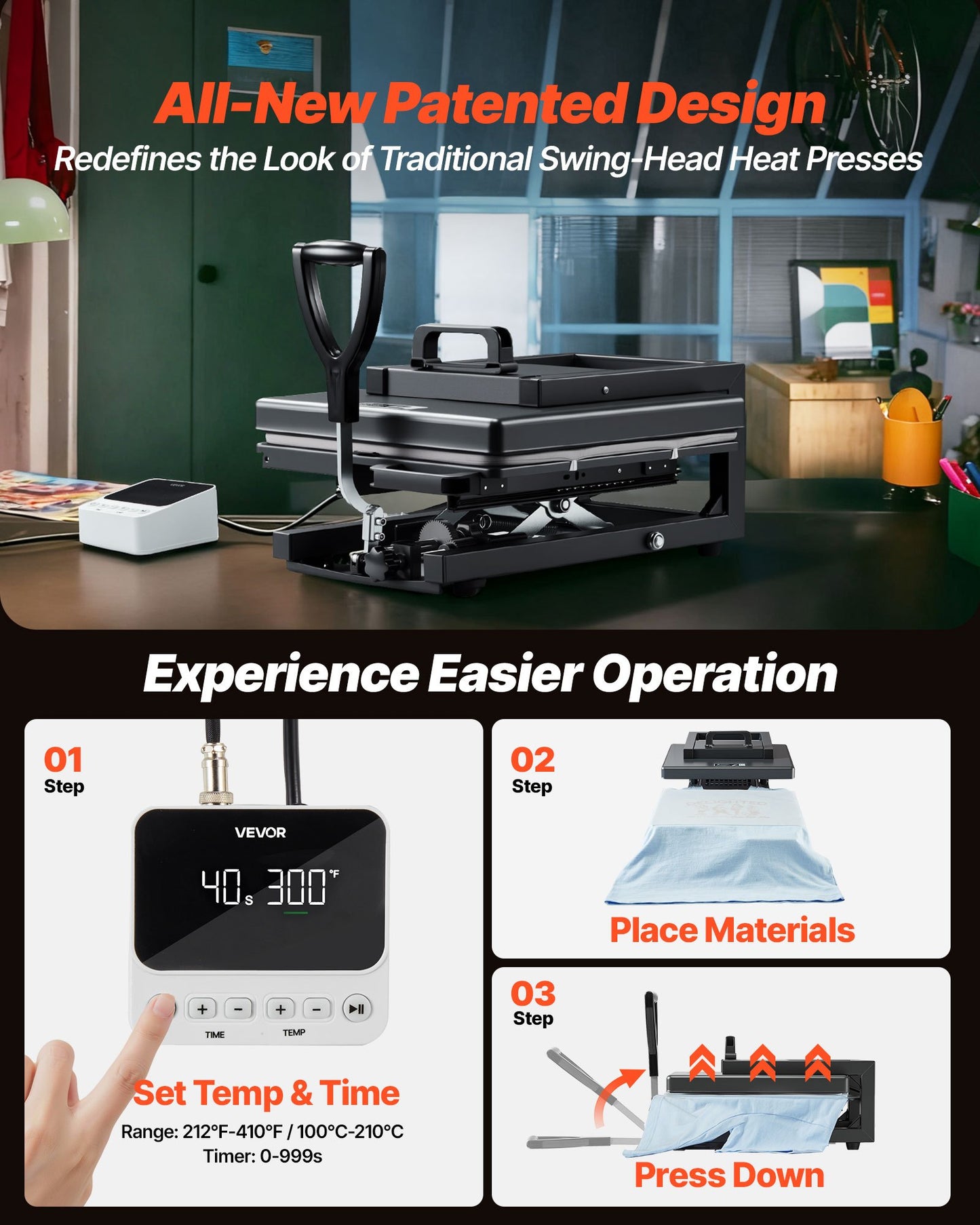 Hybrid-Heißpresse, 380 x 380 mm, 8-in-1-Multifunktion, schnelles und gleichmäßiges Aufheizen, patentiertes Design, einfache Bedienung, Sublimationspresse für T-Shirts, Tassen, Becher, Kappen und Teller, Schwarz