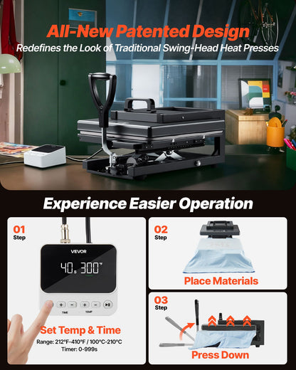 Hybrid-Heißpresse, 380 x 380 mm, 8-in-1-Multifunktion, schnelles und gleichmäßiges Aufheizen, patentiertes Design, einfache Bedienung, Sublimationspresse für T-Shirts, Tassen, Becher, Kappen und Teller, Schwarz
