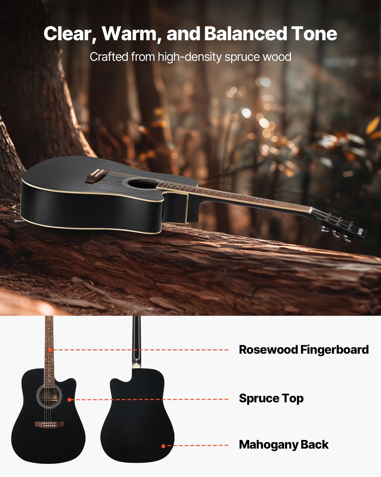 1041 mm (41 Zoll) Cutway Akustikgitarre Anfänger-Set mit Gigbag für Erwachsene, Schwarz