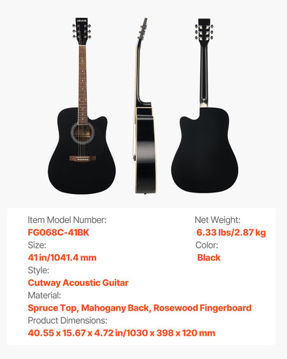 1041 mm (41 Zoll) Cutway Akustikgitarre Anfänger-Set mit Gigbag für Erwachsene, Schwarz
