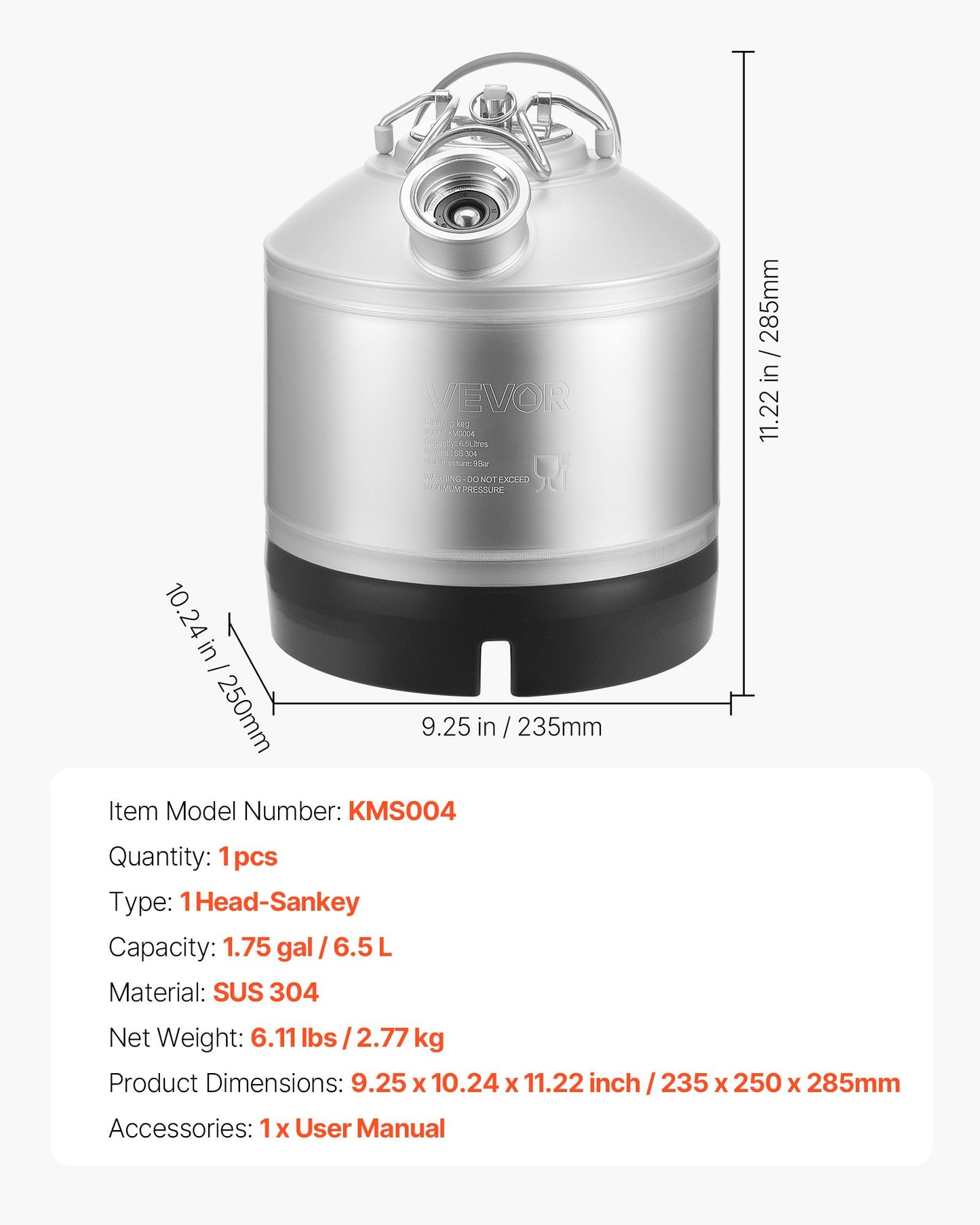 Reinigungsset für Bierleitungen (6,5 l) mit D-Kupplung und Gummifuß, geeignet für Bierleitungen, aus Edelstahl 304
