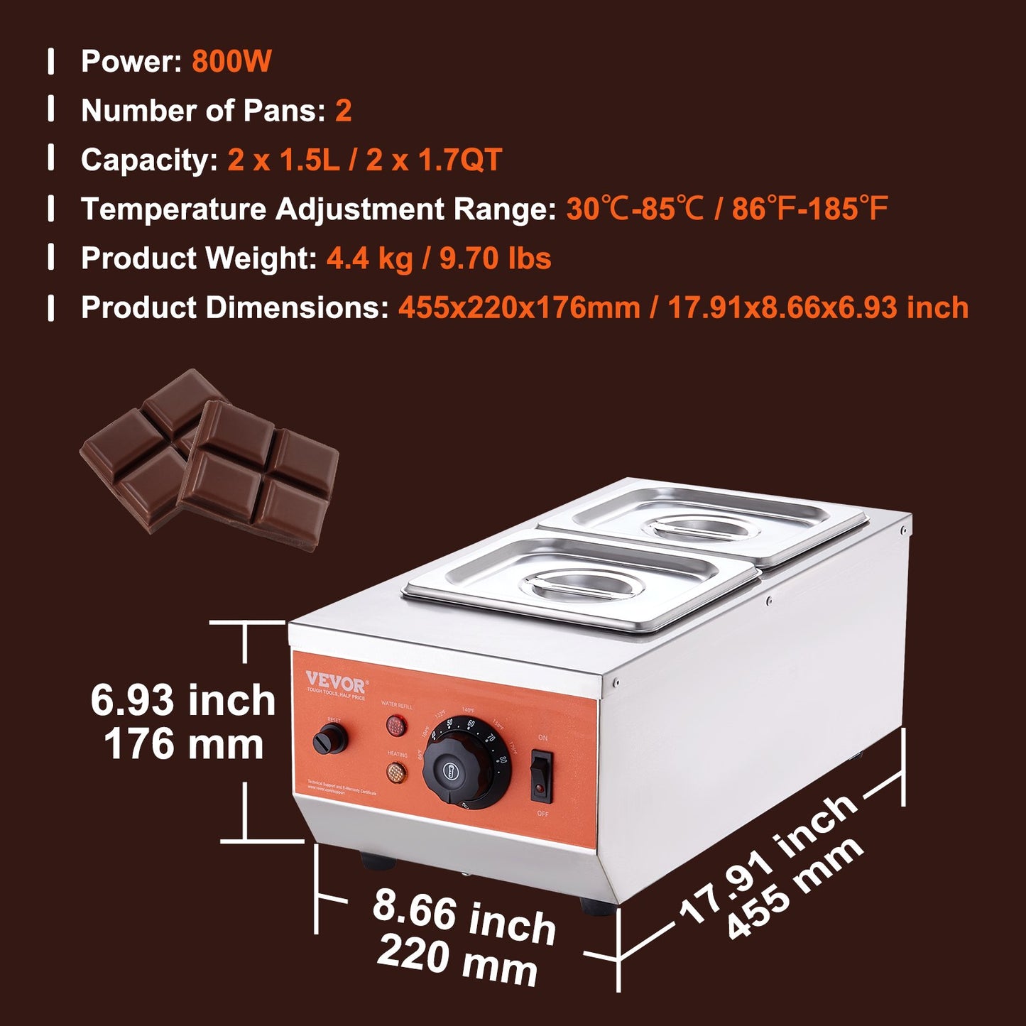 Chocolate Tempering Machine Chocolate Melting Pot 4.1 kg 2 Tanks