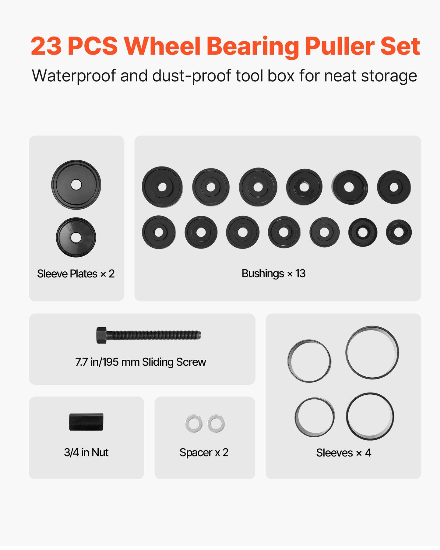 Radlager-Auszieher-Set, 23-teilig, für den Aus- und Einbau von Radlagern an Vorderrädern, inklusive Gleitschraube, Buchsen, Hülsen und Aufbewahrungskoffer