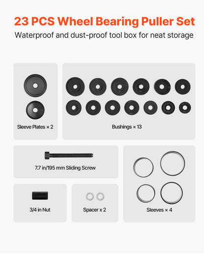 Radlager-Auszieher-Set, 23-teilig, für den Aus- und Einbau von Radlagern an Vorderrädern, inklusive Gleitschraube, Buchsen, Hülsen und Aufbewahrungskoffer