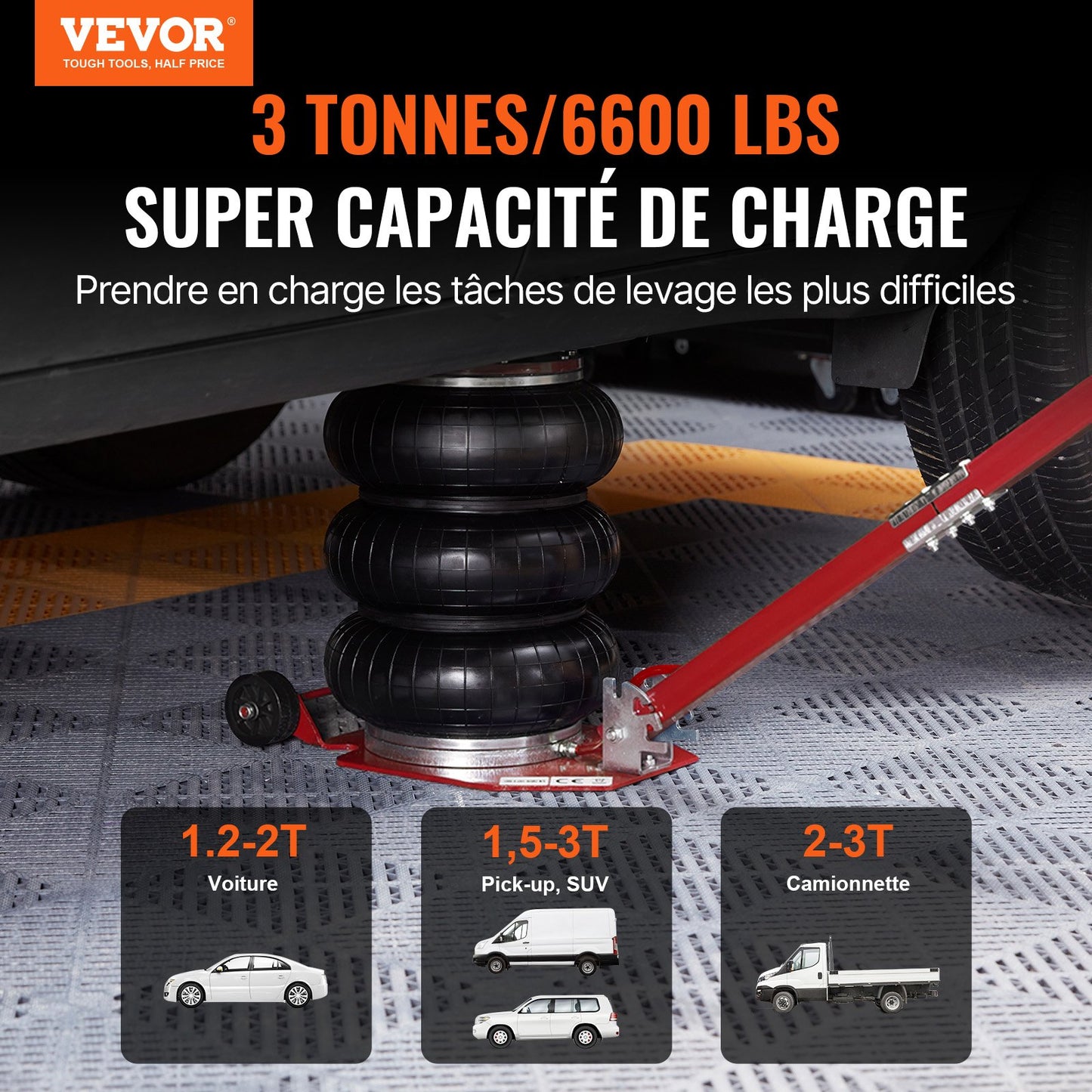 Air Jack, 3 Ton/3000 kg Triple Bag Air Jack, Airbag Jack with Six Steel Pipes, Lift up to 44.9 cm, 3-5 s Fast Lifting Pneumatic Jack, with Adjustable Long Handle for Cars, Garages, Repair (Red)