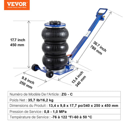 Air Jack, 3 Ton/3000 kg Triple Bag Air Jack, Airbag Jack with Six Steel Pipes, Lift up to 44.9cm, 3-5 s Fast Lifting Pneumatic Jack, with Adjustable Long Handles for Cars, Garages, Repair (Blue)