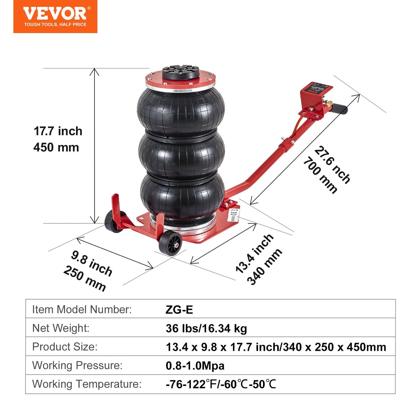 Air Jack, 3 Ton/6600 lbs Triple Bag Air Jack, Airbag Jack with Six Steel Pipes, Lift up to 17.7 inch/450 mm, 3-5 s Fast Lifting Pneumatic Jack, with Long Handles for Cars, Garages, Repair, (Red)