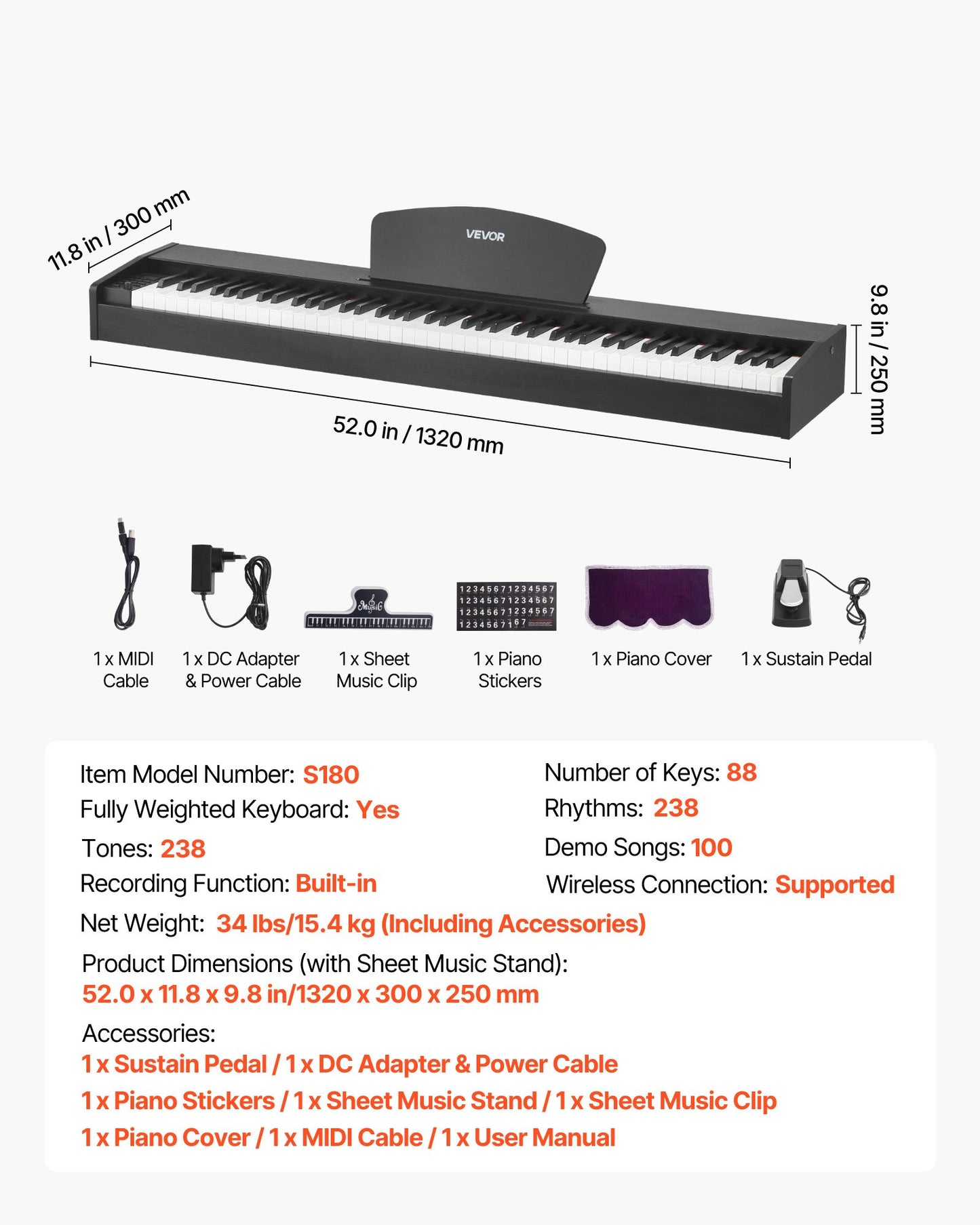 Gewichtetes Digitalpiano, 88 Tasten, vollgewichtet, mit Dual-Keyboard und Lautsprechern, Sustain-Pedal, Aufnahmefunktion, 238 Klangfarben, kabelloser Verbindung, für Anfänger, ohne Ständer