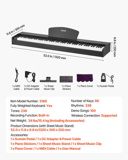 Gewichtetes Digitalpiano, 88 Tasten, vollgewichtet, mit Dual-Keyboard und Lautsprechern, Sustain-Pedal, Aufnahmefunktion, 238 Klangfarben, kabelloser Verbindung, für Anfänger, ohne Ständer