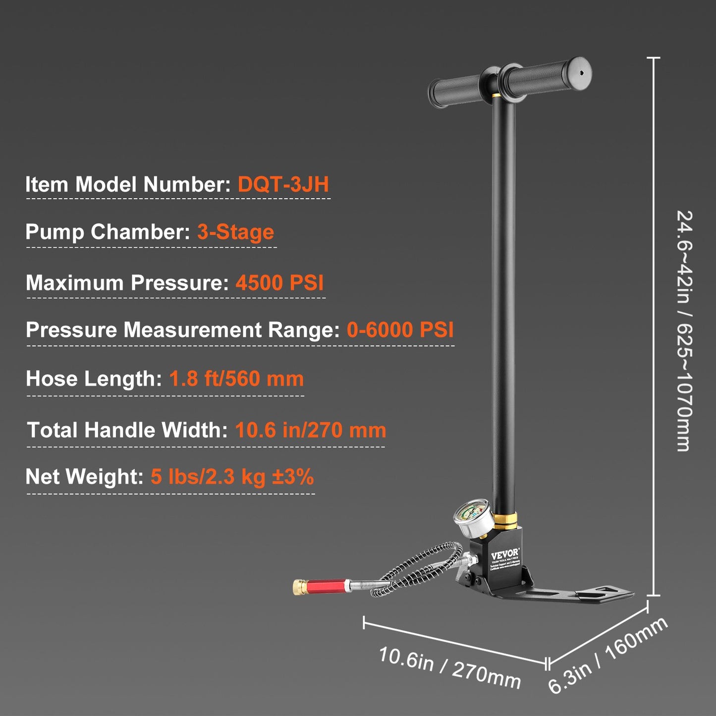 PCP-Handpumpe, 3-stufig, 30 MPa (4500 PSI) Hochdruck-PCP-Luftgewehr-Füllpumpe mit Öl- und Feuchtigkeitsfilter sowie Manometer, Edelstahl, geeignet für Luftgewehre, Tauchflaschen, Paintball-Ausrüstung und Reifen.