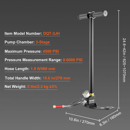 PCP-Handpumpe, 3-stufig, 30 MPa (4500 PSI) Hochdruck-PCP-Luftgewehr-Füllpumpe mit Öl- und Feuchtigkeitsfilter sowie Manometer, Edelstahl, geeignet für Luftgewehre, Tauchflaschen, Paintball-Ausrüstung und Reifen.