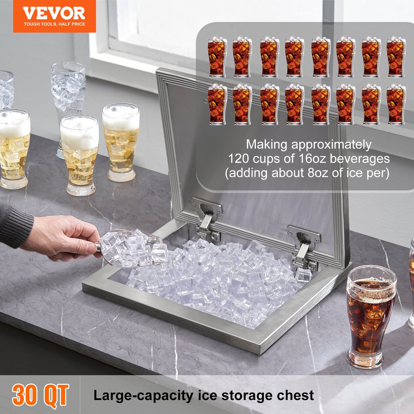 Drop in Ice Chest, 14"L x 12"W x 18"H Stainless Steel Ice Cooler, Commercial Ice Bin with Hinged Cover, 40 qt Outdoor Kitchen Ice Bar, Drain-pipe and Drain Plug Included, for Cold Wine Beer