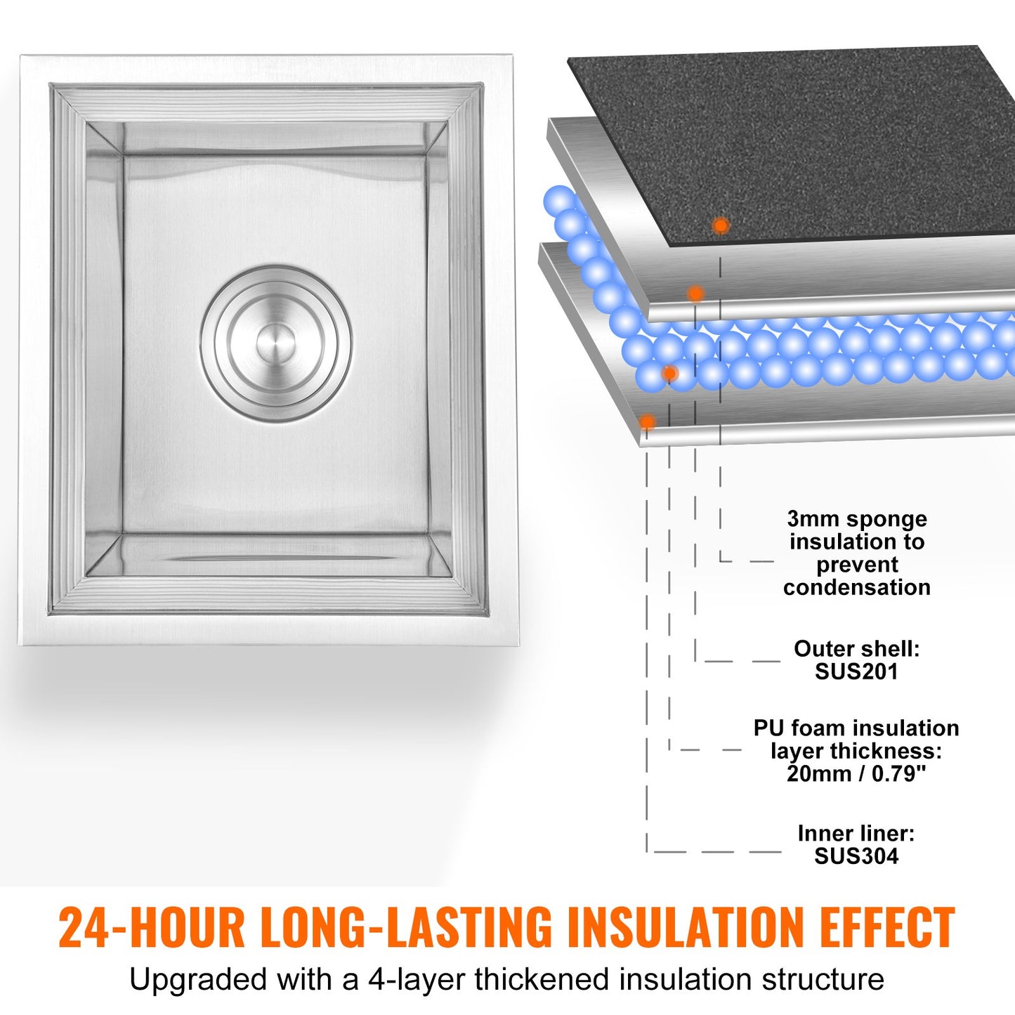 Einbau-Kühlbox, 35,5 cm L x 30,5 cm B x 45,7 cm H, Edelstahl-Eisbox, gewerblicher Eisbehälter mit Deckel, 40-Liter-Eisbar für die Außenküche, inklusive Abflussrohr und Abflussstopfen, für gekühlten Wein und Bier