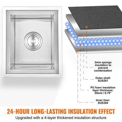 Einbau-Kühlbox, 35,5 cm L x 30,5 cm B x 45,7 cm H, Edelstahl-Eisbox, gewerblicher Eisbehälter mit Deckel, 40-Liter-Eisbar für die Außenküche, inklusive Abflussrohr und Abflussstopfen, für gekühlten Wein und Bier