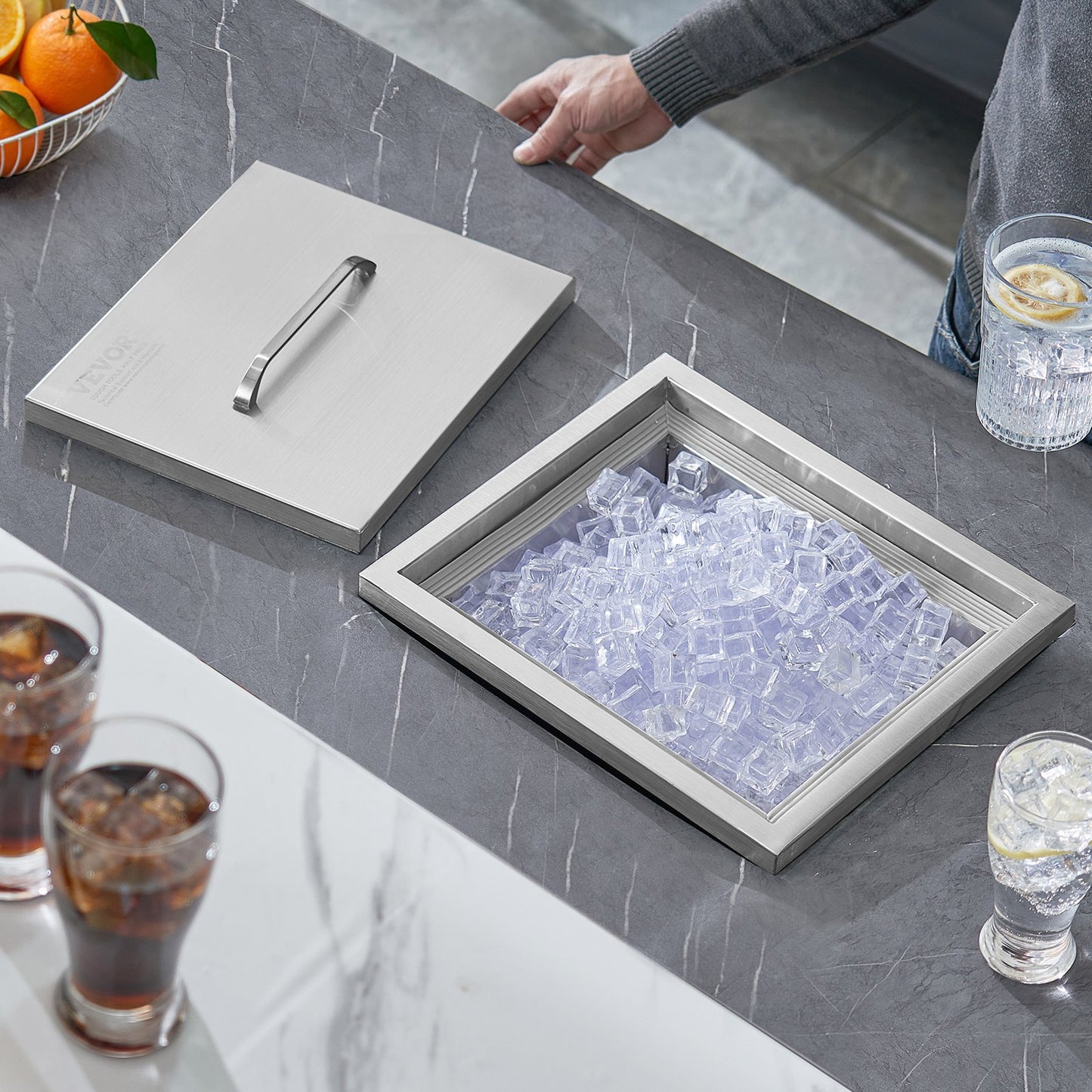 Einbau-Kühlbox, 35,5 cm L x 30,5 cm B x 45,7 cm H, Edelstahl-Eisbox, gewerblicher Eisbehälter mit Deckel, 40-Liter-Eisbar für die Außenküche, inklusive Abflussrohr und Abflussstopfen, für gekühlten Wein und Bier