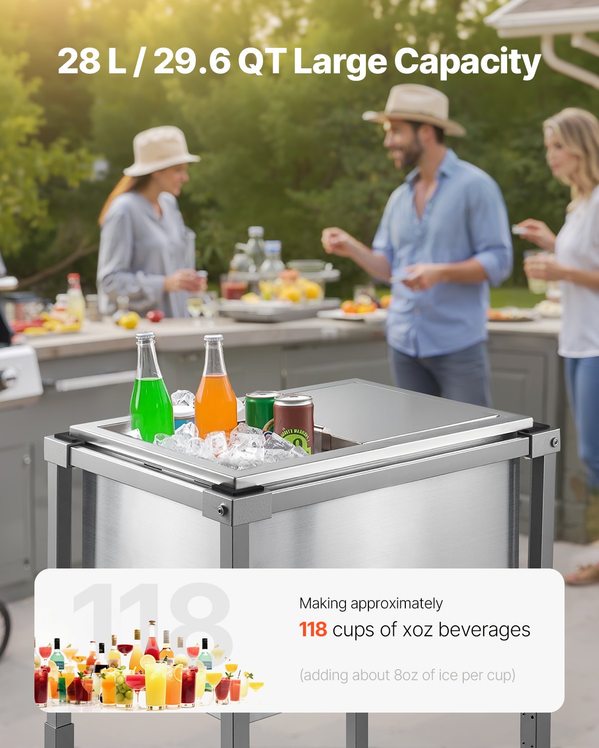 Rolling Ice Chest Cooler Cart, 20"L x 14"W x 38"H (510 x 360 x 970 mm) Stainless Steel Cooling Bin on Wheels, 28L Outdoor Stand Up Cooler Trolley with Shelf, for Patio Backyard Party Bar