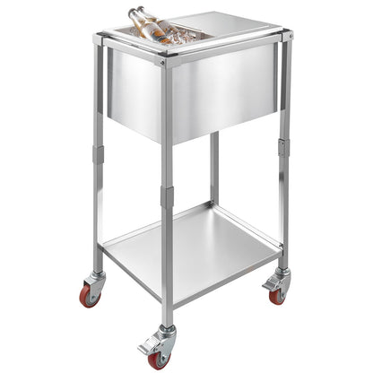 Rolling Ice Chest Cooler Cart, 20"L x 14"W x 38"H (510 x 360 x 970 mm) Stainless Steel Cooling Bin on Wheels, 28L Outdoor Stand Up Cooler Trolley with Shelf, for Patio Backyard Party Bar