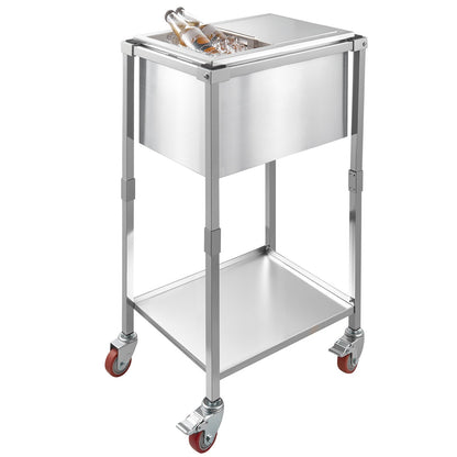 Rolling Ice Chest Cooler Cart, 20"L x 14"W x 38"H (510 x 360 x 970 mm) Stainless Steel Cooling Bin on Wheels, 28L Outdoor Stand Up Cooler Trolley with Shelf, for Patio Backyard Party Bar