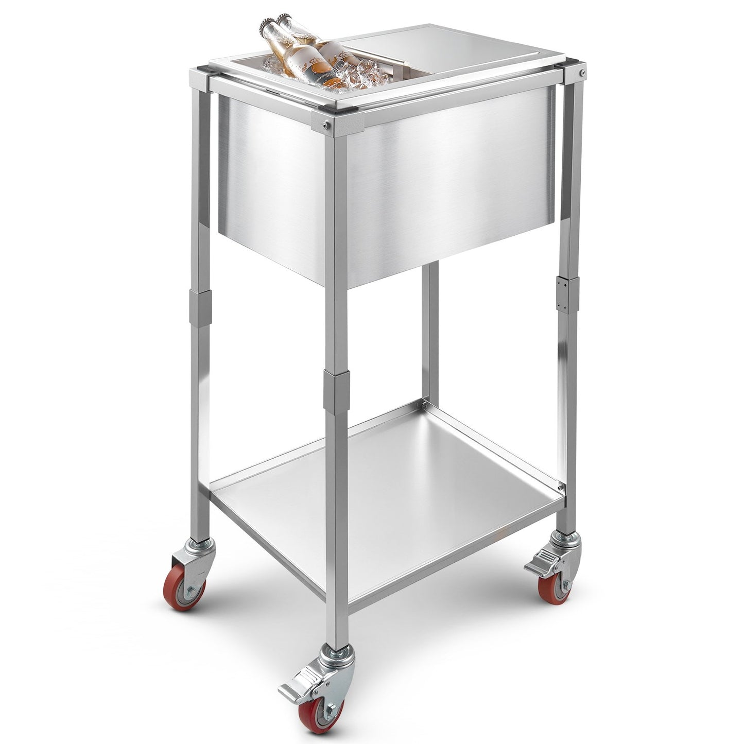 Rolling Ice Chest Cooler Cart, 20"L x 14"W x 38"H (510 x 360 x 970 mm) Stainless Steel Cooling Bin on Wheels, 28L Outdoor Stand Up Cooler Trolley with Shelf, for Patio Backyard Party Bar