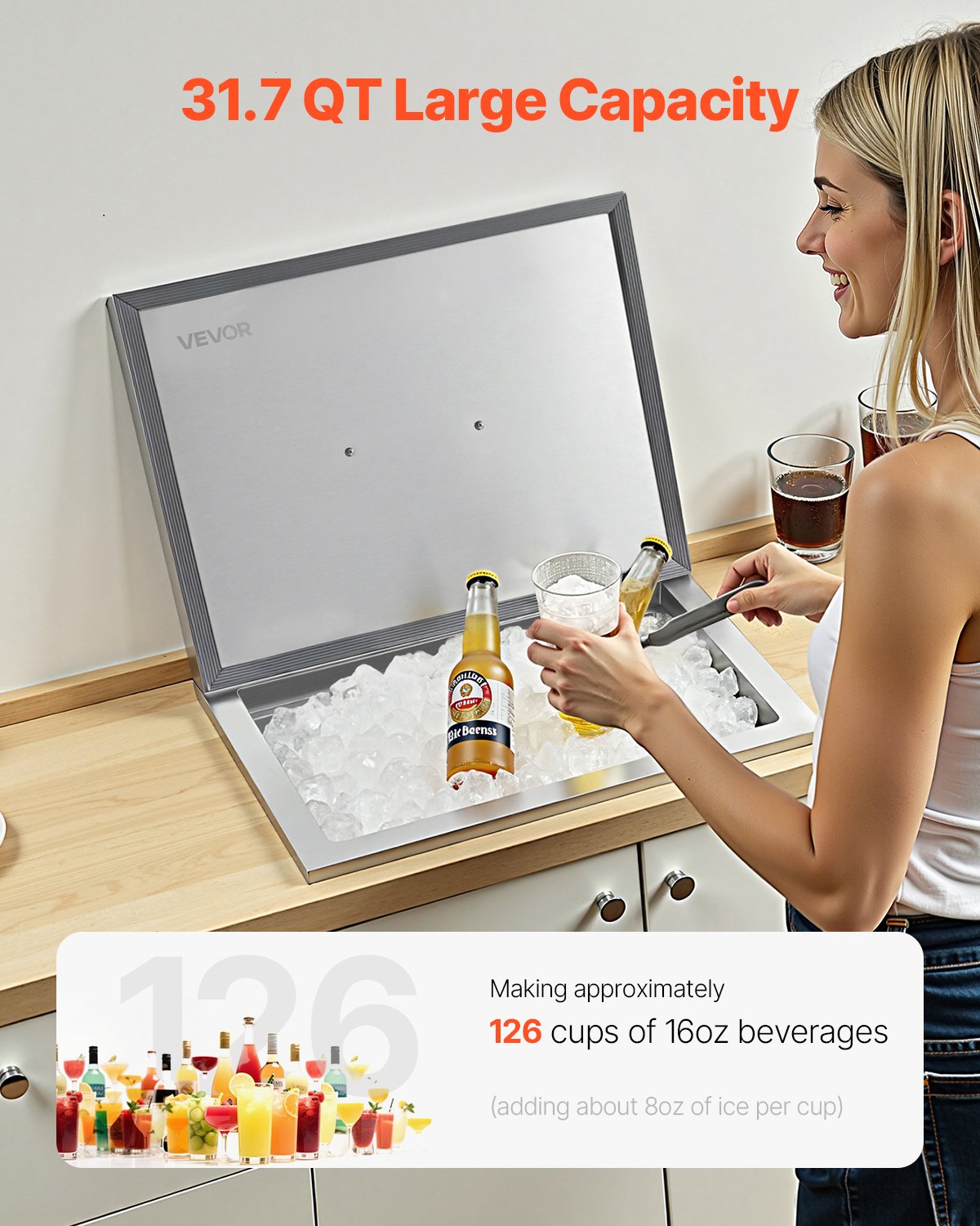 Drop in Ice Chest, 20"L x 14"W x 12"H (508 x 355 x 306 mm) Stainless Steel Drop in Cooler, 30L Commercial Ice Bin with Pot Lid for Outdoor, Drain-pipe Set Included, for Cold Wine Beer