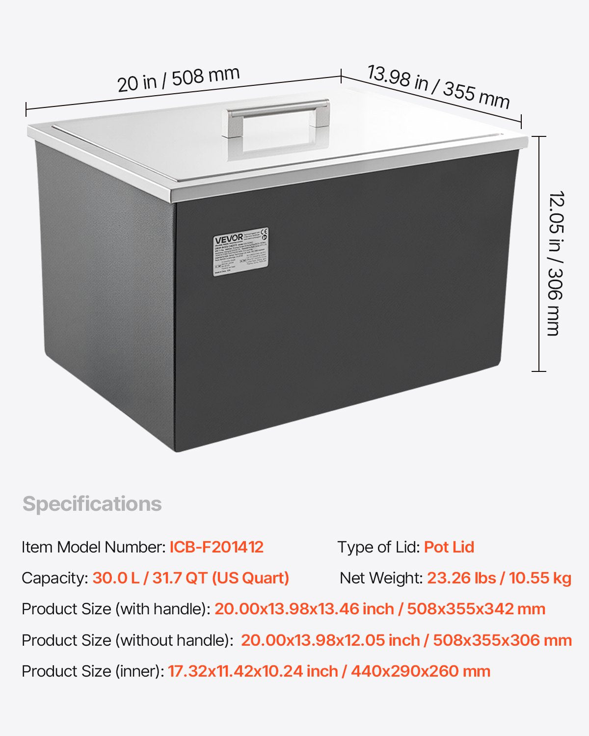 Drop in Ice Chest, 20"L x 14"W x 12"H (508 x 355 x 306 mm) Stainless Steel Drop in Cooler, 30L Commercial Ice Bin with Pot Lid for Outdoor, Drain-pipe Set Included, for Cold Wine Beer