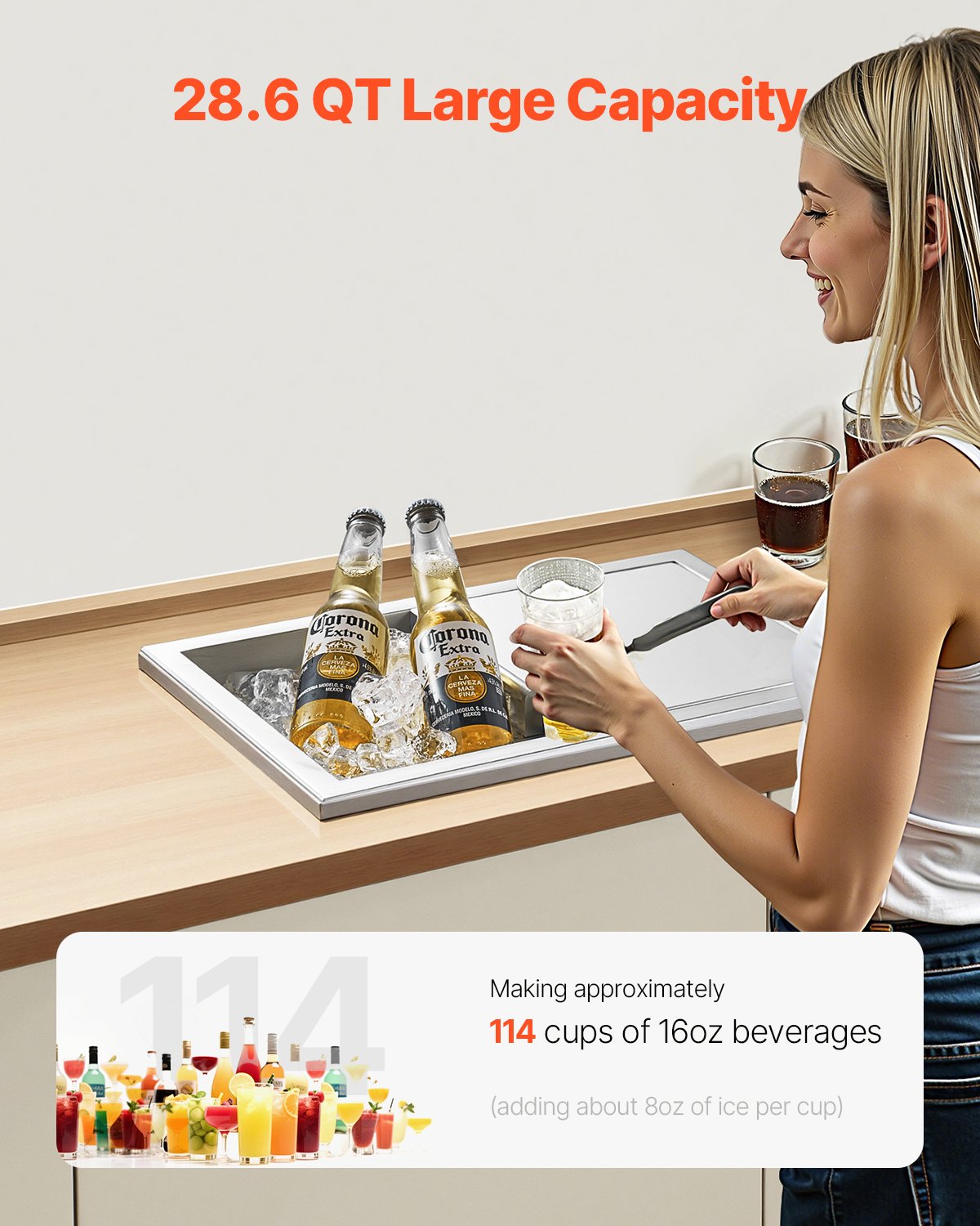 Drop in Ice Chest, 18"L x 12"W x 15"H (455 x 305 x 385 mm) Stainless Steel Drop in Cooler, 27.1L Commercial Ice Bin with Sliding Lid for Outdoor, Drain-pipe Set Included, for Cold Wine Beer