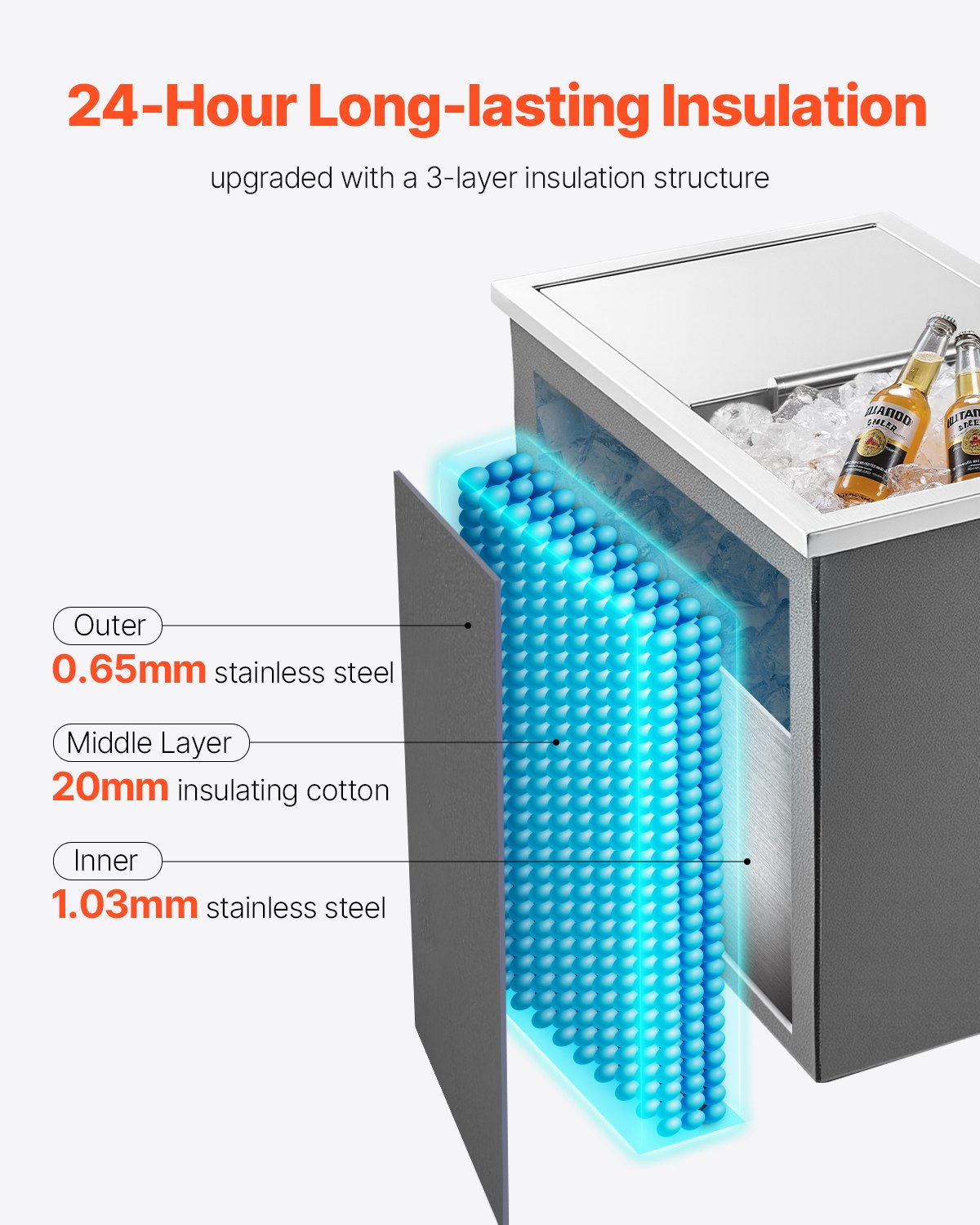 Drop in Ice Chest, 18"L x 12"W x 15"H (455 x 305 x 385 mm) Stainless Steel Drop in Cooler, 27.1L Commercial Ice Bin with Sliding Lid for Outdoor, Drain-pipe Set Included, for Cold Wine Beer