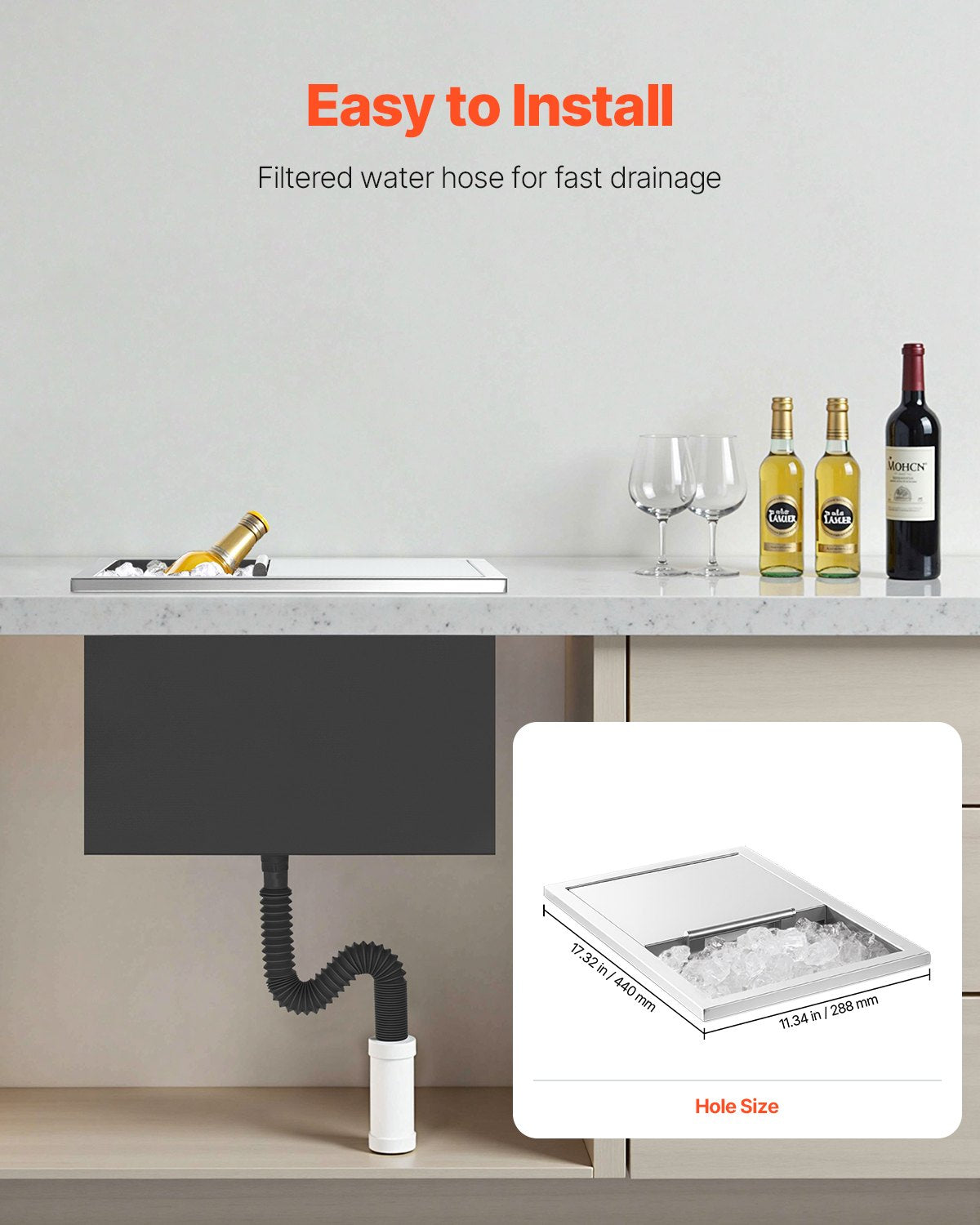 Drop in Ice Chest, 18"L x 12"W x 15"H (455 x 305 x 385 mm) Stainless Steel Drop in Cooler, 27.1L Commercial Ice Bin with Sliding Lid for Outdoor, Drain-pipe Set Included, for Cold Wine Beer