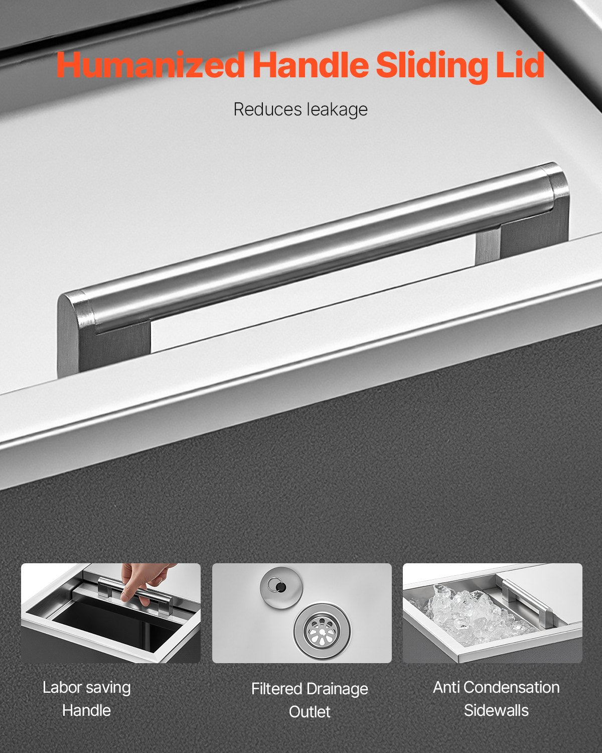 Drop in Ice Chest, 18"L x 12"W x 15"H (455 x 305 x 385 mm) Stainless Steel Drop in Cooler, 27.1L Commercial Ice Bin with Sliding Lid for Outdoor, Drain-pipe Set Included, for Cold Wine Beer