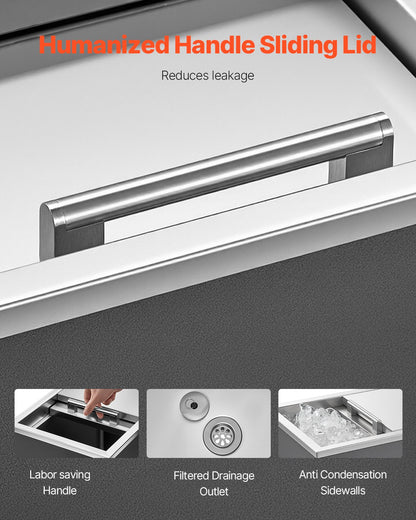 Drop in Ice Chest, 18"L x 12"W x 15"H (455 x 305 x 385 mm) Stainless Steel Drop in Cooler, 27.1L Commercial Ice Bin with Sliding Lid for Outdoor, Drain-pipe Set Included, for Cold Wine Beer