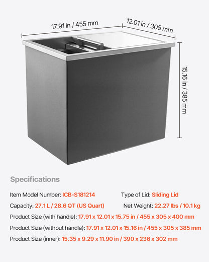 Drop in Ice Chest, 18"L x 12"W x 15"H (455 x 305 x 385 mm) Stainless Steel Drop in Cooler, 27.1L Commercial Ice Bin with Sliding Lid for Outdoor, Drain-pipe Set Included, for Cold Wine Beer