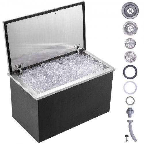 Drop in Ice Chest, 24"L x 20"W x 15"H Stainless Steel Ice Cooler, Commercial Ice Bin with Hinged Cover, 40 qt Outdoor Kitchen Ice Bar, Drain-pipe and Drain Plug Included, for Cold Wine Beer