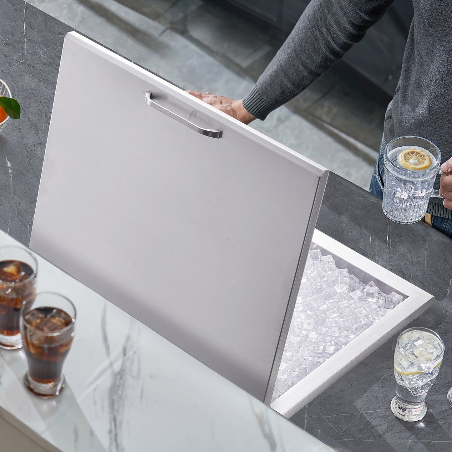 Drop in Ice Chest, 28"L x 16"W x 17"H Stainless Steel Ice Cooler, Commercial Ice Bin with Hinged Cover, 40 qt Outdoor Kitchen Ice Bar, Drain-pipe and Drain Plug Included, for Cold Wine Beer