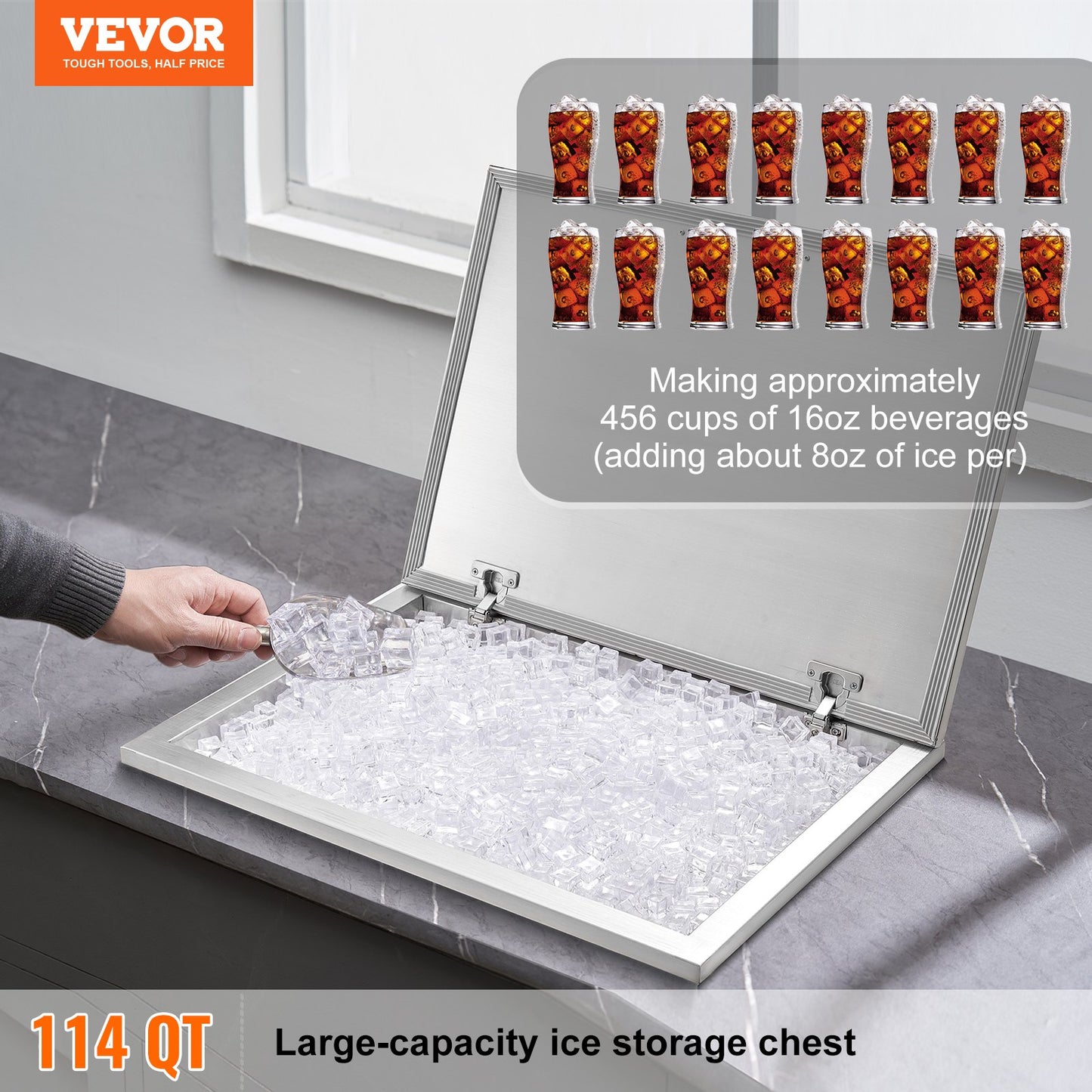 Drop in Ice Chest, 28"L x 20"W x 17"H Stainless Steel Ice Cooler, Commercial Ice Bin with Hinged Cover, 40 qt Outdoor Kitchen Ice Bar, Drain-pipe and Drain Plug Included, for Cold Wine Beer