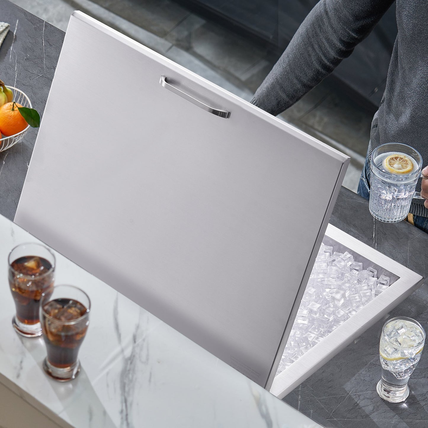 Drop in Ice Chest, 28"L x 20"W x 17"H Stainless Steel Ice Cooler, Commercial Ice Bin with Hinged Cover, 40 qt Outdoor Kitchen Ice Bar, Drain-pipe and Drain Plug Included, for Cold Wine Beer