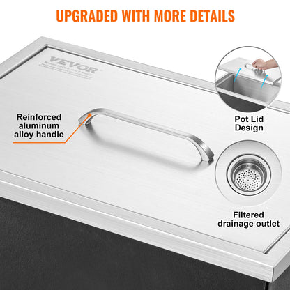 Einbau-Eisbox, 51 cm L x 36 cm B x 30,5 cm H, Edelstahl-Eiskühler, gewerblicher Eisbehälter mit Deckel, 37,9 l Eisbar für die Außenküche, inklusive Abflussrohr und Abflussstopfen, für gekühlten Wein und Bier