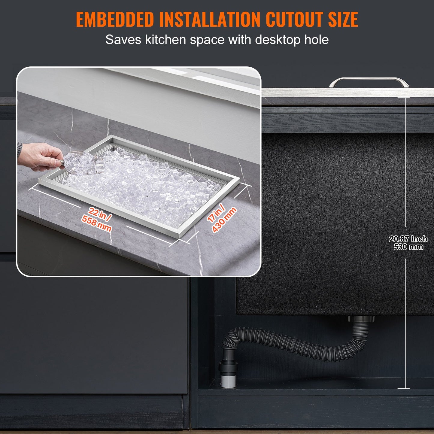Einbau-Kühlbox, 56 cm L x 43 cm B x 30 cm H, Edelstahl-Eisbox, gewerblicher Eisbehälter mit Deckel, 40-Liter-Eisbar für die Außenküche, inklusive Abflussrohr und Abflussstopfen, für gekühlten Wein und Bier