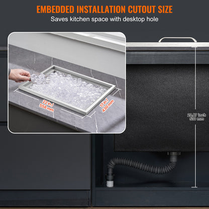 Einbau-Kühlbox, 56 cm L x 43 cm B x 30 cm H, Edelstahl-Eisbox, gewerblicher Eisbehälter mit Deckel, 40-Liter-Eisbar für die Außenküche, inklusive Abflussrohr und Abflussstopfen, für gekühlten Wein und Bier