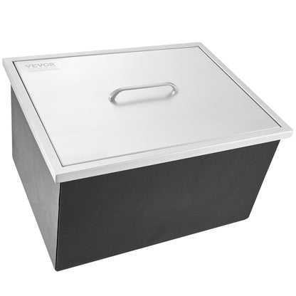 Einbau-Kühlbox, 56 cm L x 43 cm B x 30 cm H, Edelstahl-Eisbox, gewerblicher Eisbehälter mit Deckel, 40-Liter-Eisbar für die Außenküche, inklusive Abflussrohr und Abflussstopfen, für gekühlten Wein und Bier