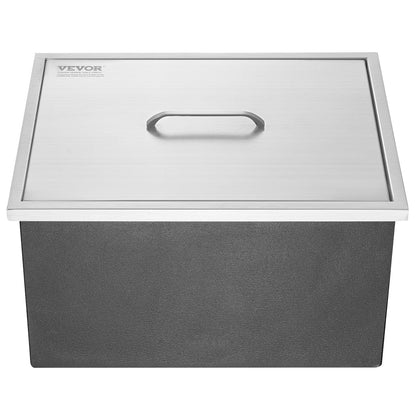 Einbau-Kühlbox, 56 cm L x 43 cm B x 30 cm H, Edelstahl-Eisbox, gewerblicher Eisbehälter mit Deckel, 40-Liter-Eisbar für die Außenküche, inklusive Abflussrohr und Abflussstopfen, für gekühlten Wein und Bier