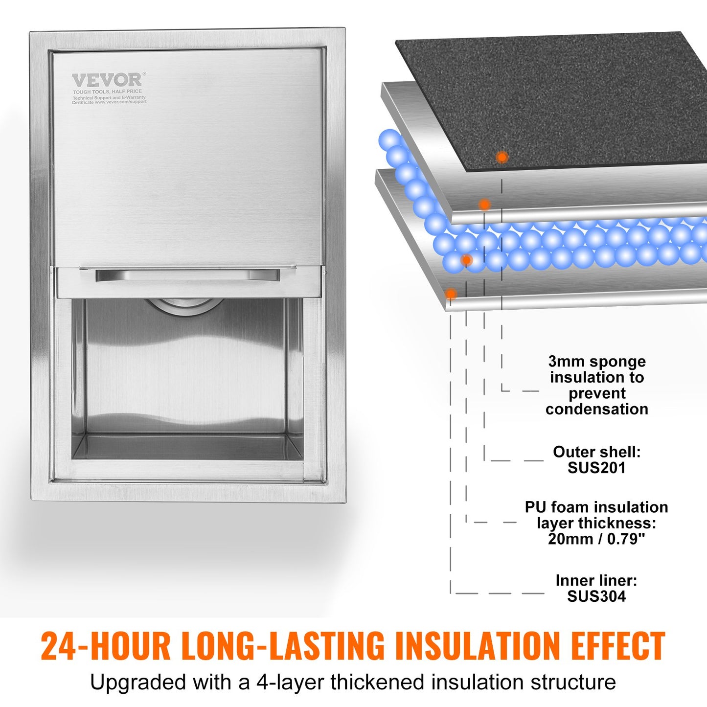Einbau-Eisbox, 46 cm L x 30,5 cm B x 36,8 cm H, Edelstahl-Eiskühler, gewerblicher Eisbehälter mit Schiebedeckel, 38,7 l Eisbar für die Außenküche, inklusive Abflussrohr und Abflussstopfen, für gekühlten Wein und Bier